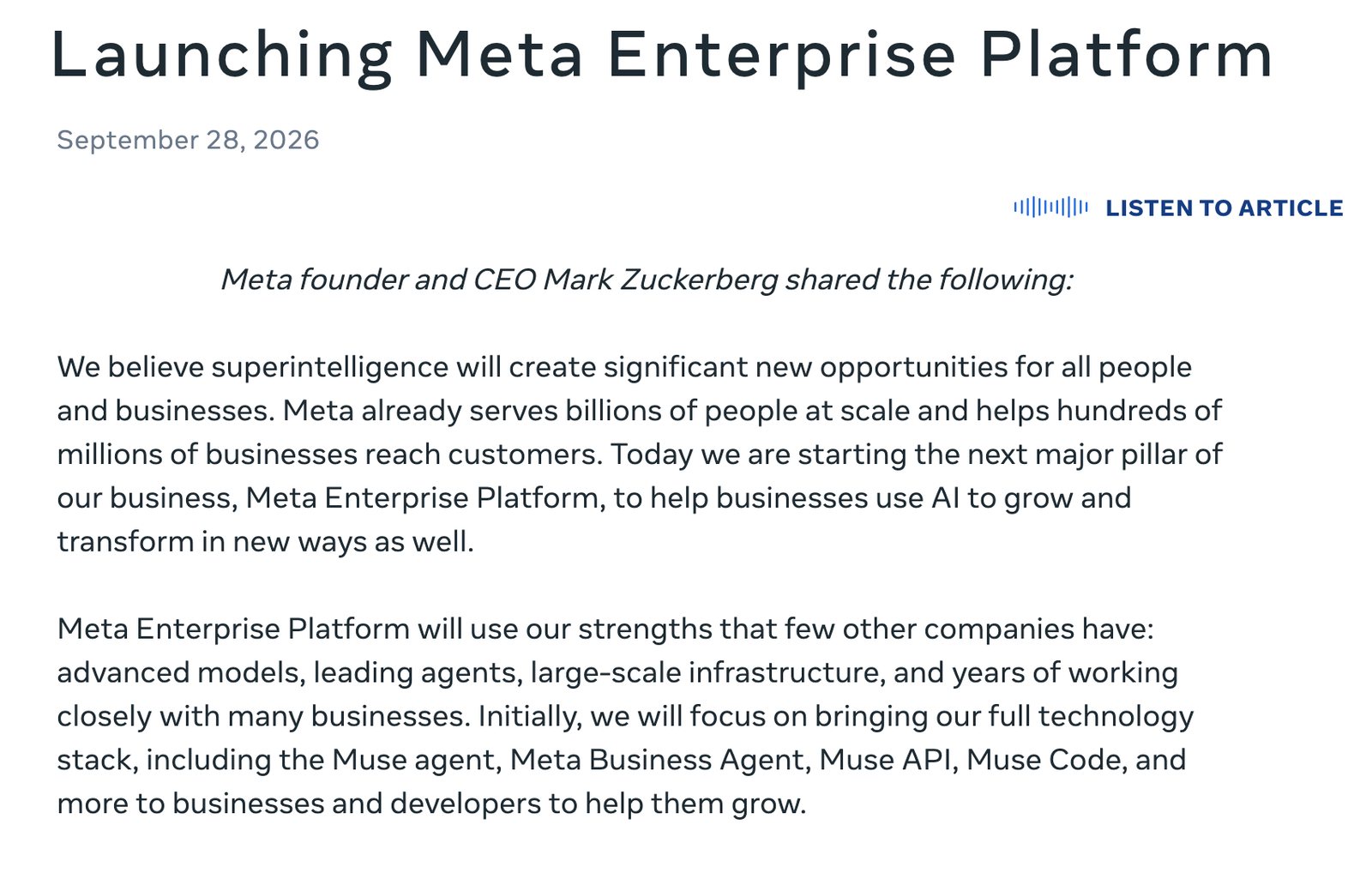 AI 직원에게 사원증을 줘라: OpenClaw·Muse·Dots가 연 ‘에이전트 관리’ 경쟁 메타 뉴스룸의 Meta Enterprise Platform 발표 글 제목과 마크 저커버그의 글