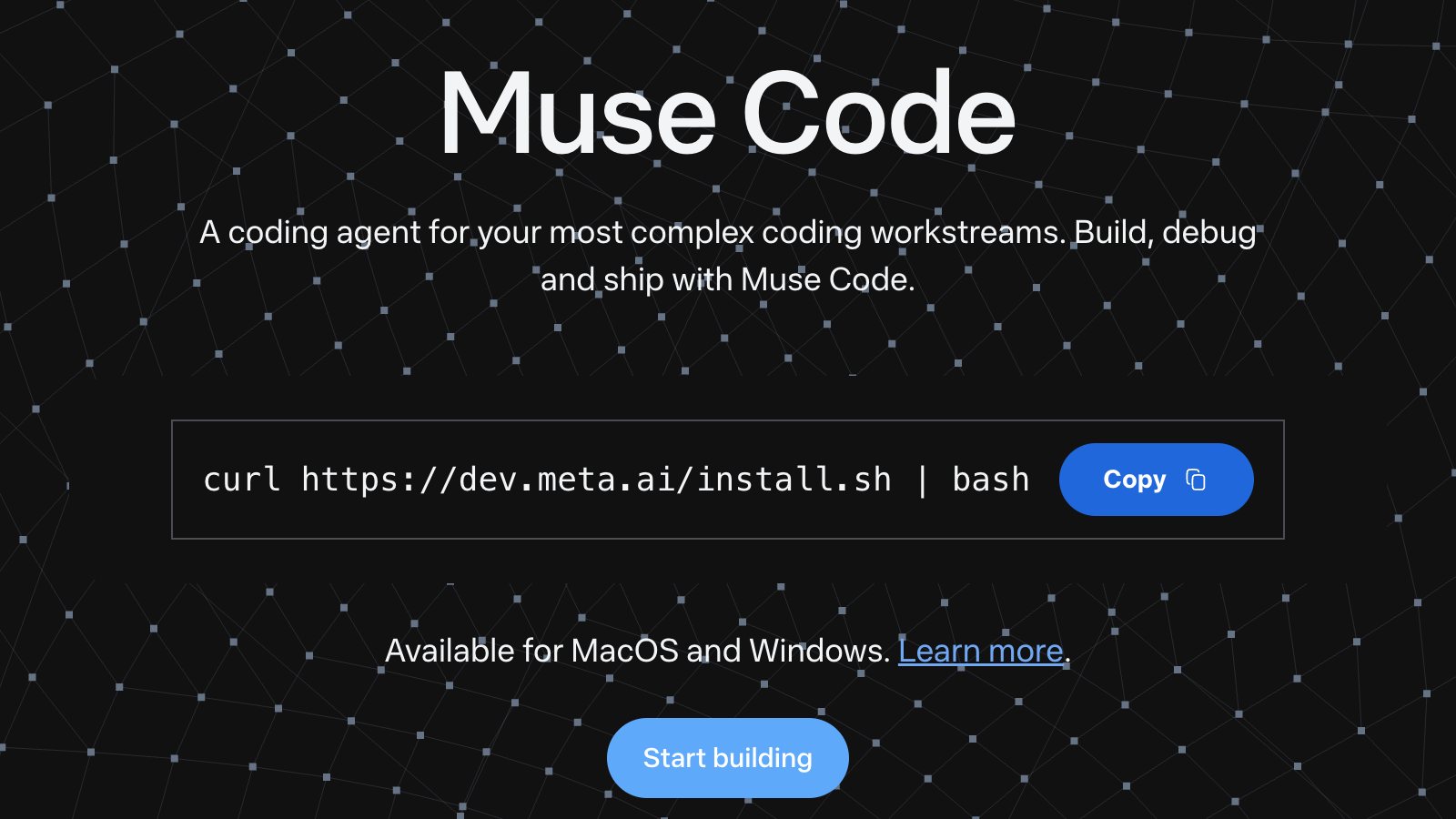 AI 직원에게 사원증을 줘라: OpenClaw·Muse·Dots가 연 ‘에이전트 관리’ 경쟁 메타 Muse Code 소개 페이지 상단과 설치 명령