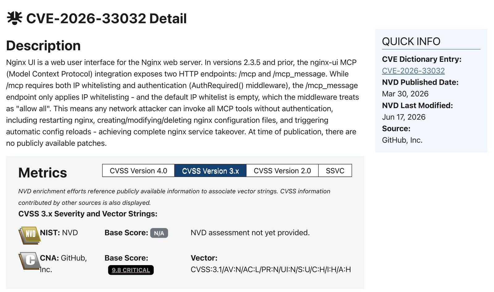 AI 직원에게 사원증을 줘라: OpenClaw·Muse·Dots가 연 ‘에이전트 관리’ 경쟁 NVD의 CVE-2026-33032 상세 페이지. 설명과 CVSS 3.1 기준 9.8 치명적 점수
