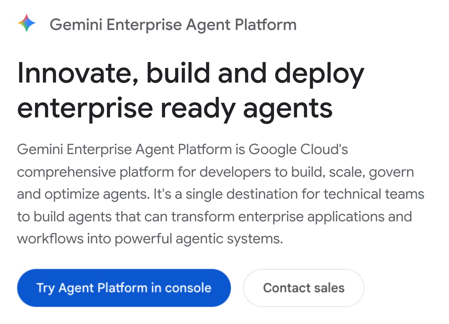 Google Cloud Gemini Enterprise Agent Platform product page hero