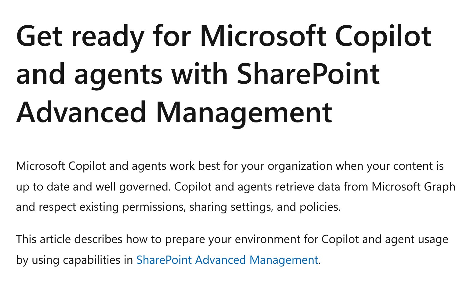 Title and introduction of the Microsoft Learn article Get ready for Microsoft Copilot and agents with SharePoint Advanced Management