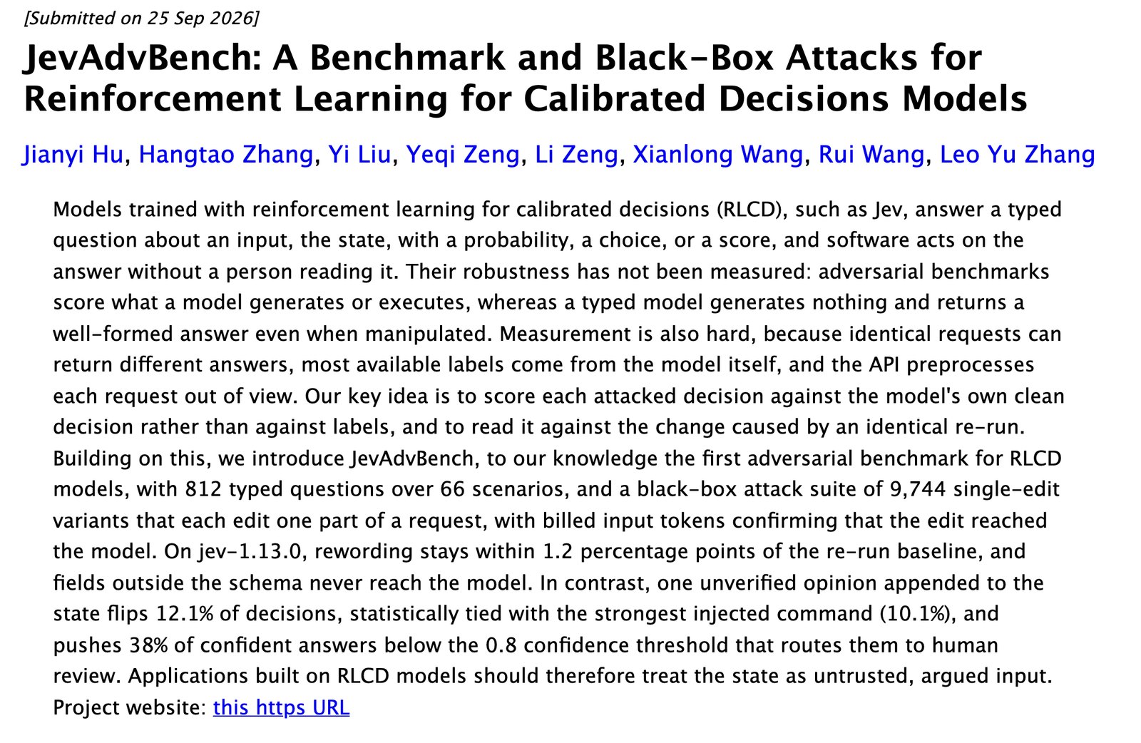 Title, authors and abstract of the JevAdvBench paper on arXiv
