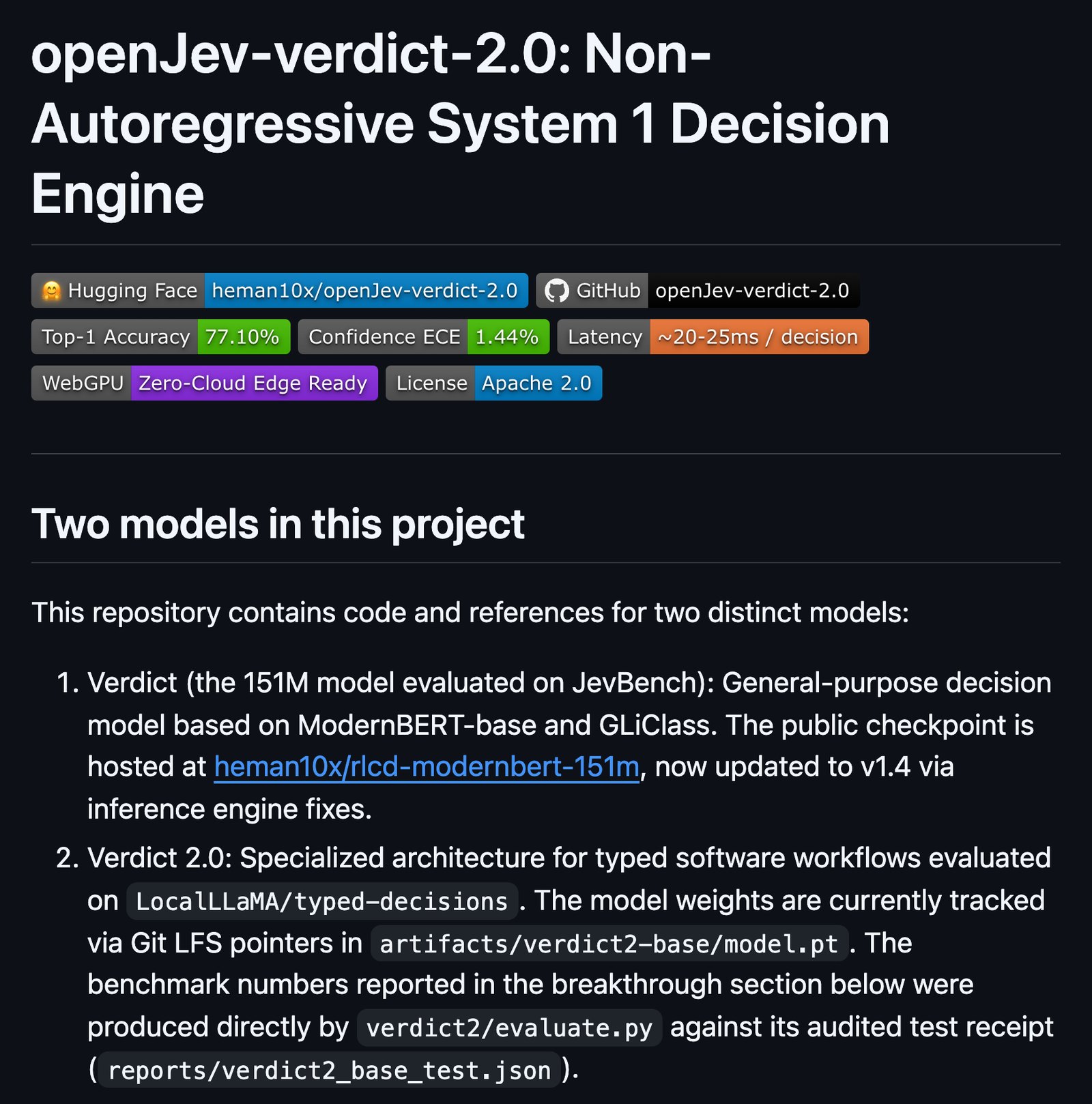 Top of the openJev-verdict-2.0 README on GitHub with accuracy and speed badges