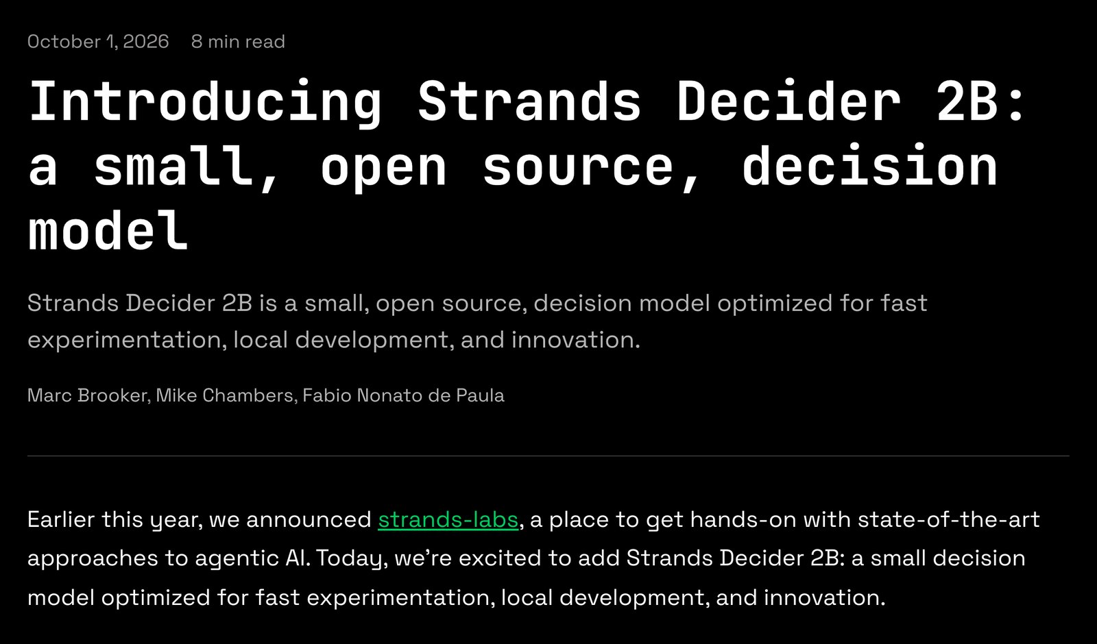 Title and first paragraph of the Introducing Strands Decider 2B post on the Strands Agents blog