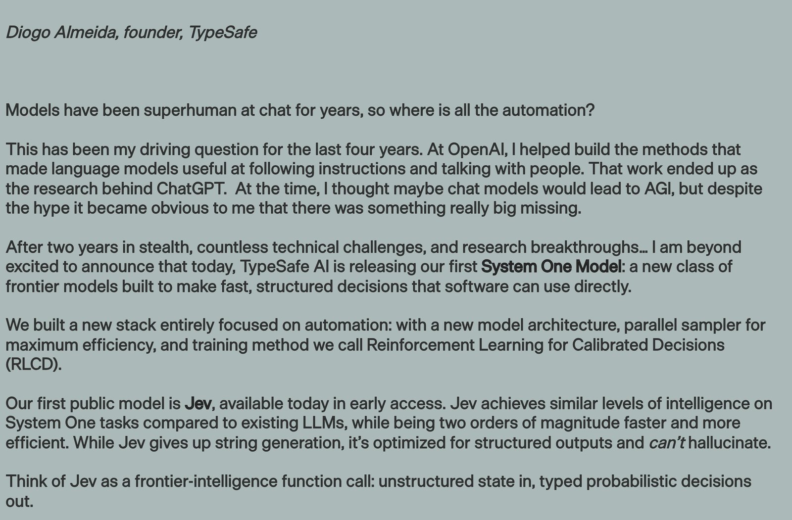 Opening paragraphs of TypeSafe AI’s September 15 post introducing System One models and Jev