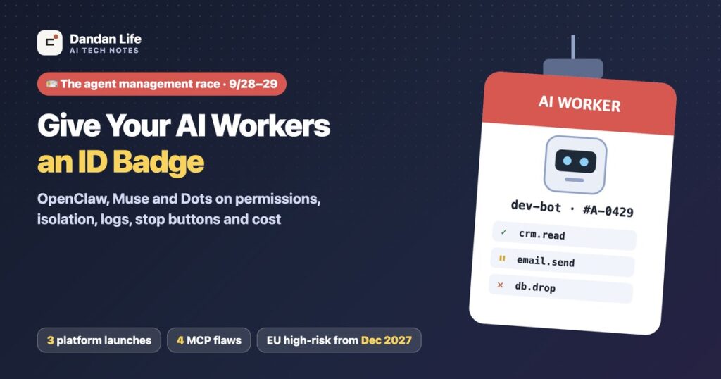 Give Your AI Workers an ID Badge: OpenClaw, Muse and Dots Race to Manage Agents Give Your AI Workers an ID Badge. An AI worker ID badge listing permissions, Dandan Life cover image