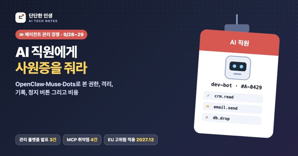 AI 직원에게 사원증을 줘라: OpenClaw·Muse·Dots가 연 ‘에이전트 관리’ 경쟁 AI 직원에게 사원증을 줘라. 권한 목록이 적힌 AI 직원 사원증 그림의 단단한 인생 대표 이미지