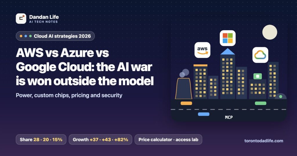 AWS vs Azure vs Google Cloud: the AI war is won outside the model. Night city illustration with the three company logos