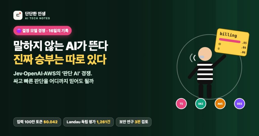 말하지 않는 AI가 뜬다, 진짜 승부는 따로 있다. 선택지별 확률 카드를 든 심판 그림의 단단한 인생 대표 이미지