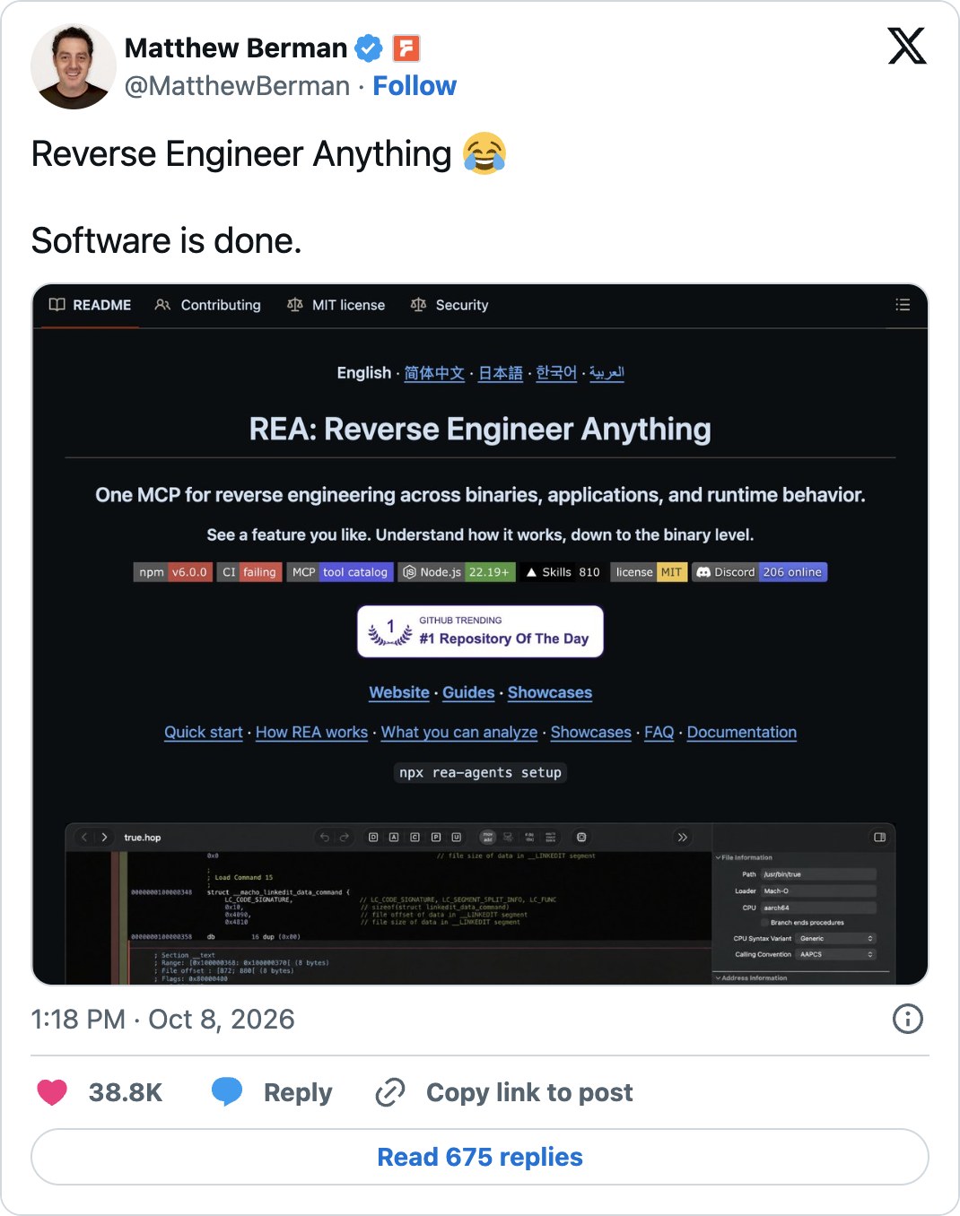 Matthew Berman이 REA 저장소 화면과 함께 Software is done이라고 쓴 X 게시물